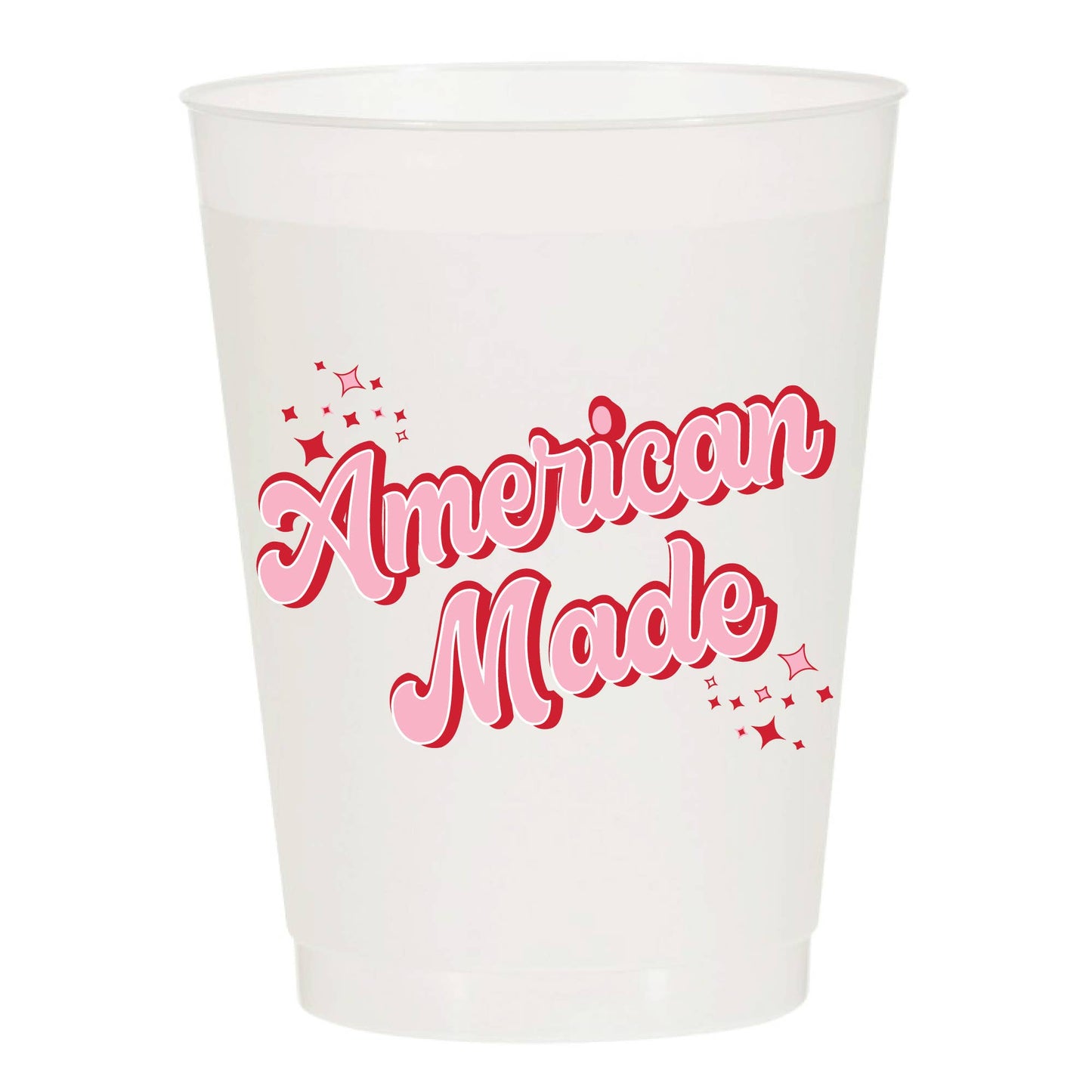 Frosted party plastic cup with patriotic 'American Made' text in pink