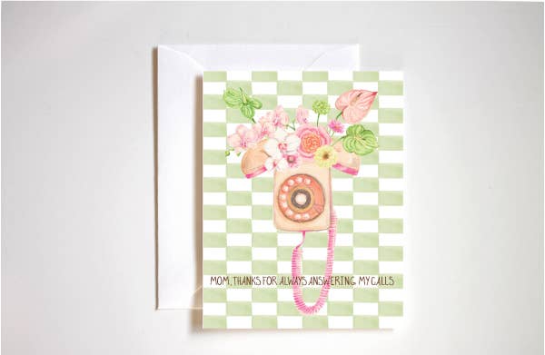 Mother's Day Greeting card with a pink phone and flowers on a green checkered background