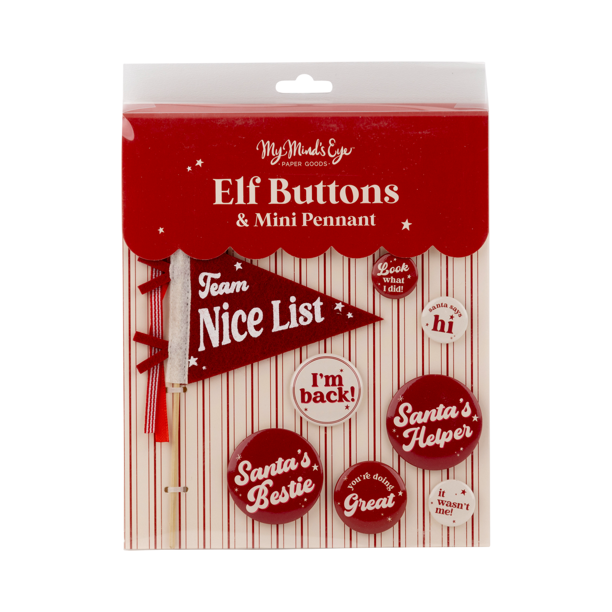 Packaging of Elf Buttons & Mini Pennant with red and white design