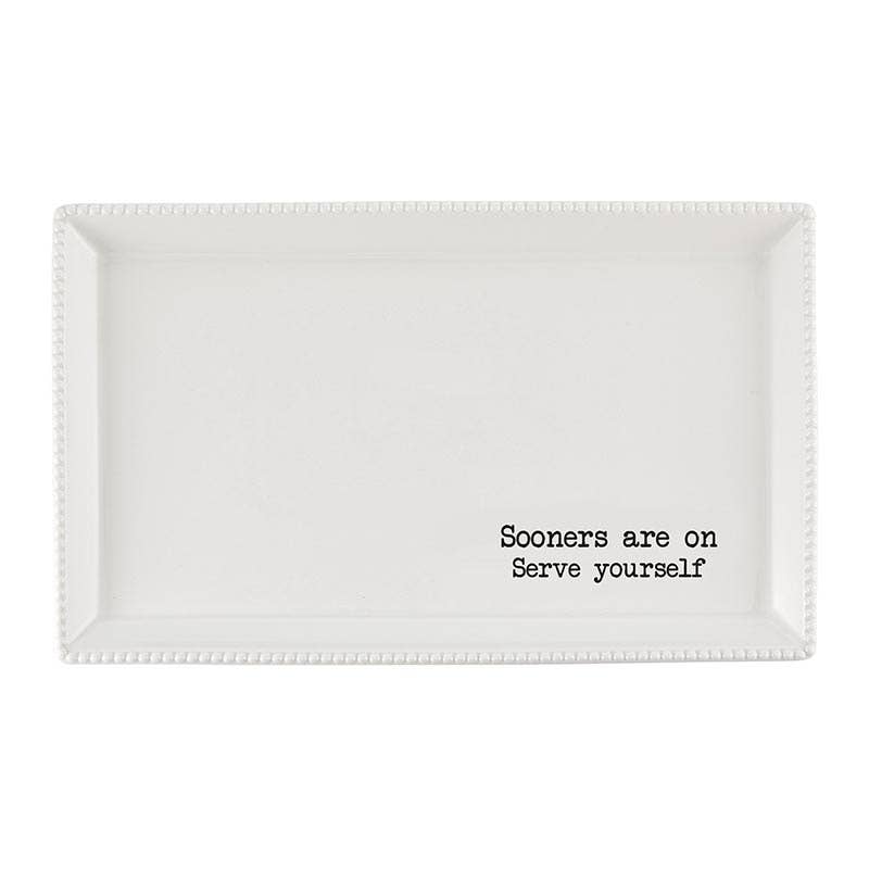 White rectangular university of oklahoma sooner serving platter with black text on a white background