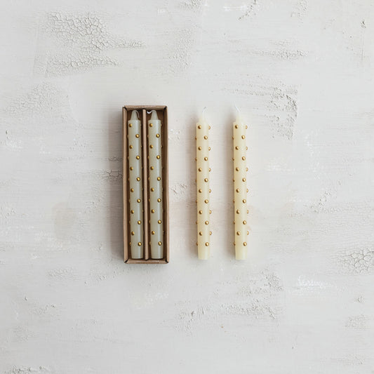 10" White Christmas Taper Candles with Gold 3D Dots, Set of 2