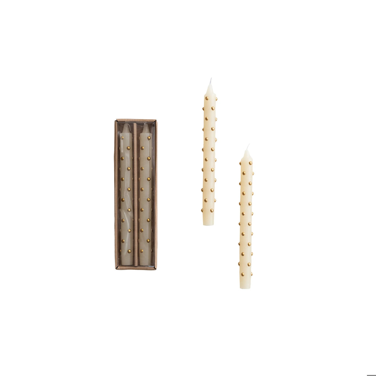 10" White Christmas Taper Candles with Gold 3D Dots, Set of 2