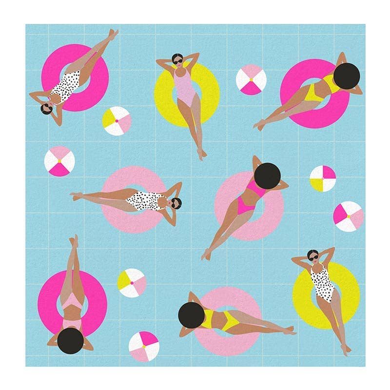 Illustration of women on inflatable rings and beach balls in blue water napkin