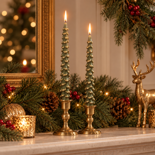 10" Evergreen Tree Shaped Taper Candles with Gold Tips, Set of 2