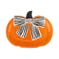 Pumpkin-shaped paper plate with a black and white bow on a white background