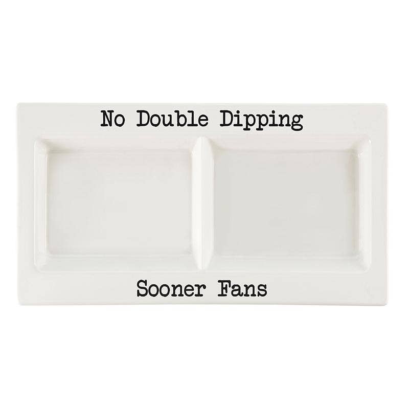 White dipping serving platter with 'No Double Dipping Oklahoma Sooner Fans' text on a white cermic