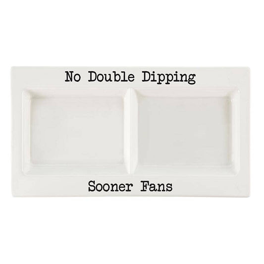 White dipping serving platter with 'No Double Dipping Oklahoma Sooner Fans' text on a white cermic