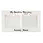White dipping serving platter with 'No Double Dipping Oklahoma Sooner Fans' text on a white cermic