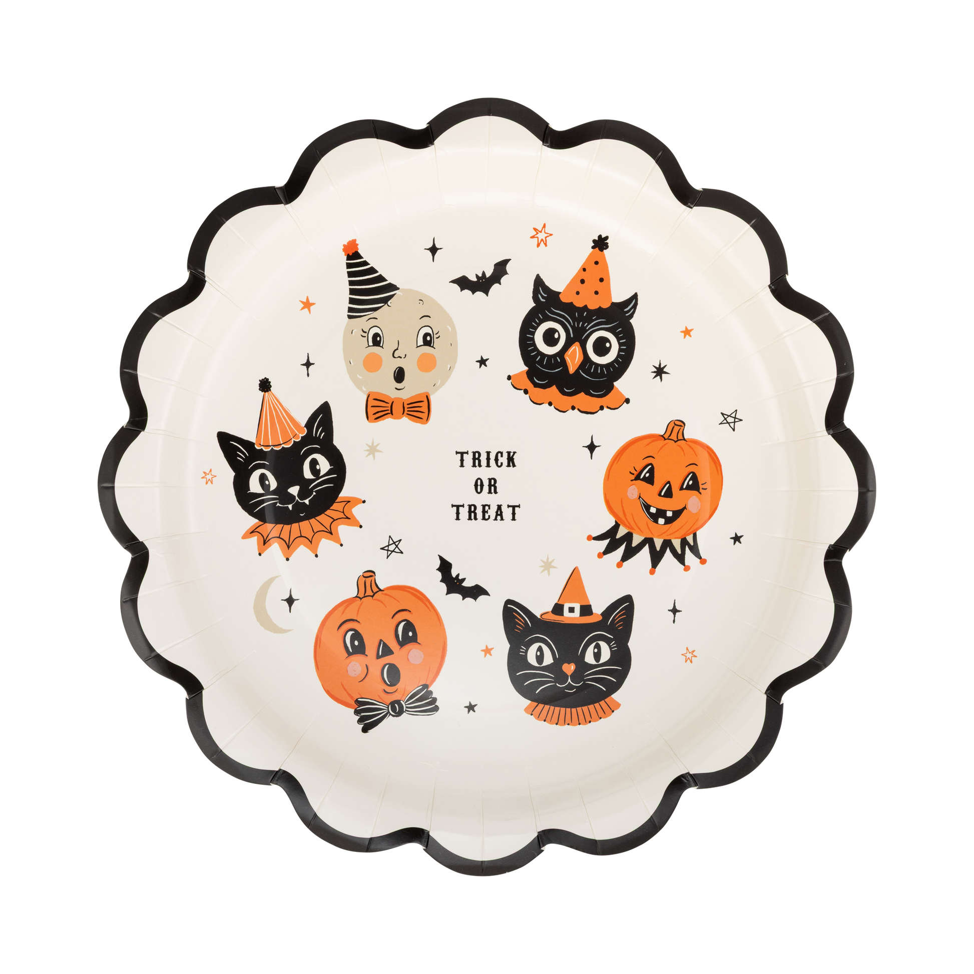 Halloween-themed paper plate with vintage cartoon characters on a white background