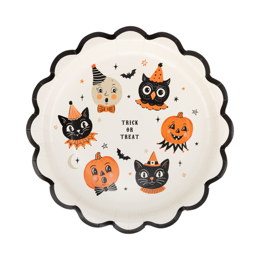 Halloween-themed paper plate with vintage cartoon characters on a white background