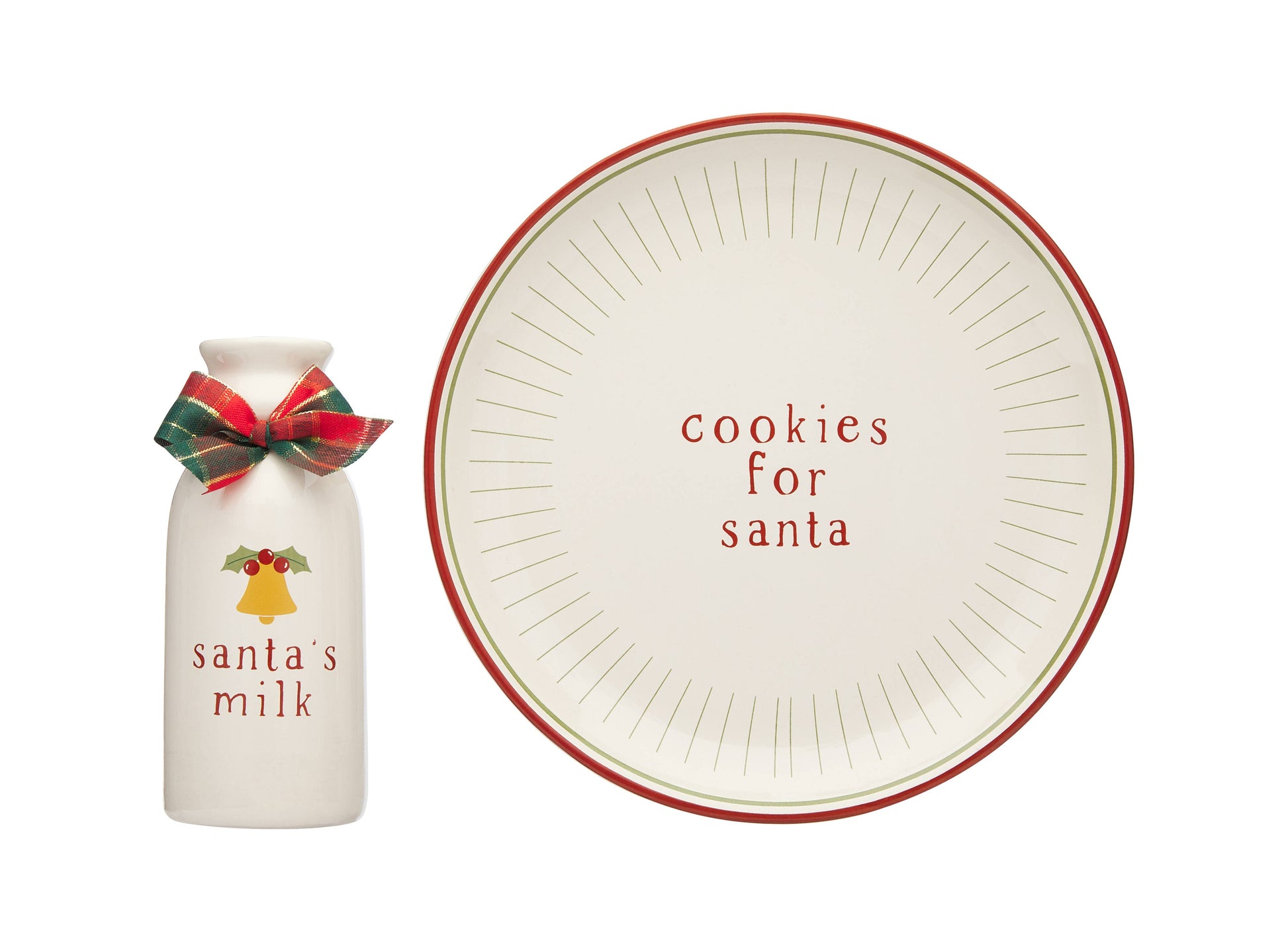 Set of 'Santa's Milk' bottle and 'cookies for Santa' plate on a white background
