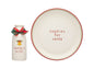 Set of 'Santa's Milk' bottle and 'cookies for Santa' plate on a white background