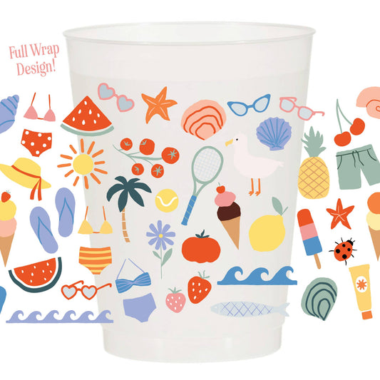 Clear frosted party plastic cup with colorful summer-themed illustrations on a white background