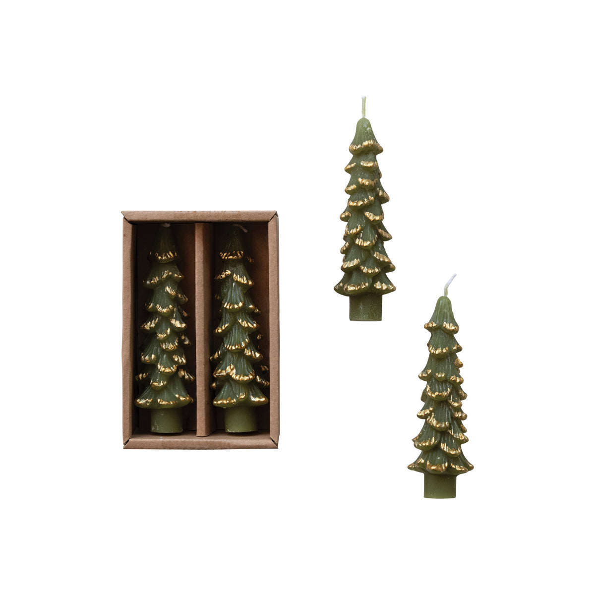 5" Evergreen Tree Shaped Taper Candles with Gold Tips, Set of 2