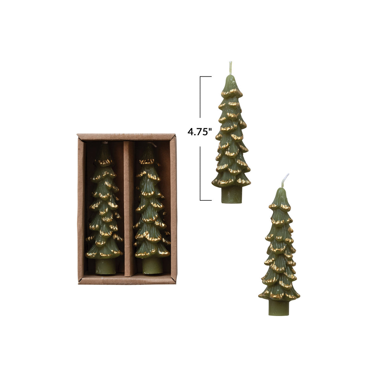 5" Evergreen Tree Shaped Taper Candles with Gold Tips, Set of 2