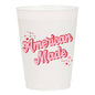 Frosted party plastic cup with patriotic 'American Made' text in pink