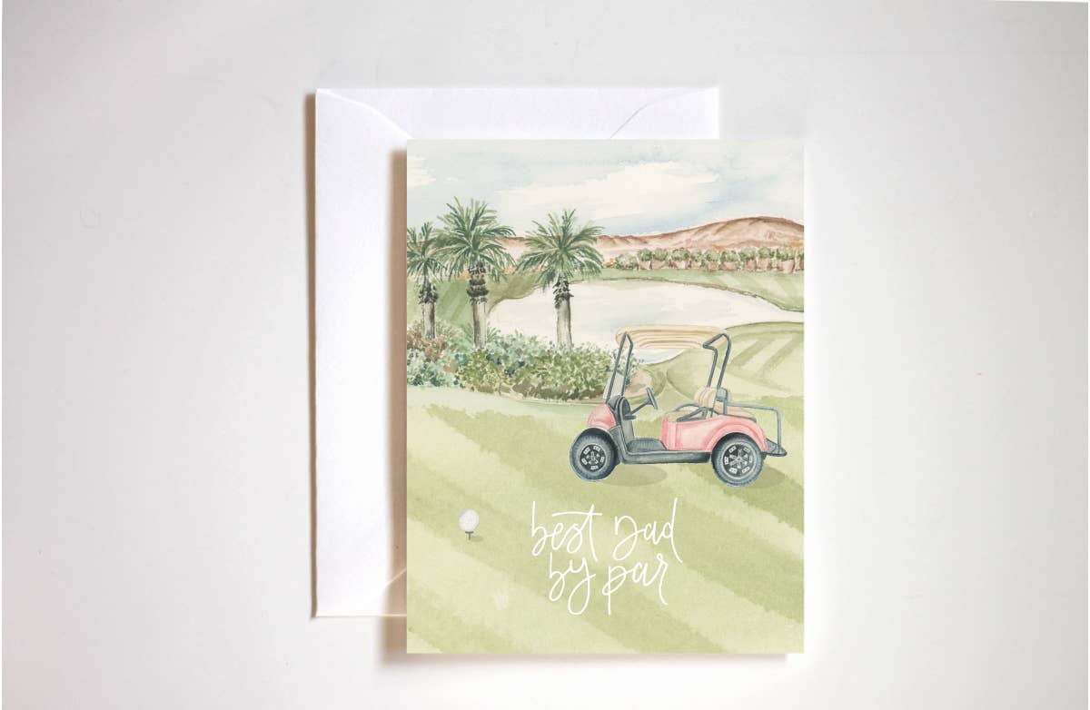 Fathers day Greeting card with a golf cart and palm trees on a golf course, featuring the text 'best dad by par' on a white background.