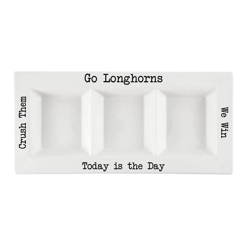White ceramic Texas Longhorns condiment platter tray with motivational black text