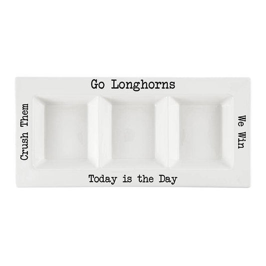 White ceramic Texas Longhorns condiment platter tray with motivational black text