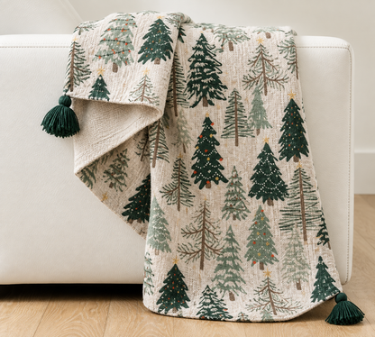 Christmas Tree Cotton Throw Blanket with Tassels