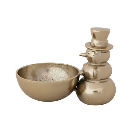Gold snowman cast aluminum serving bowl with top hat shown from the side on a white background.