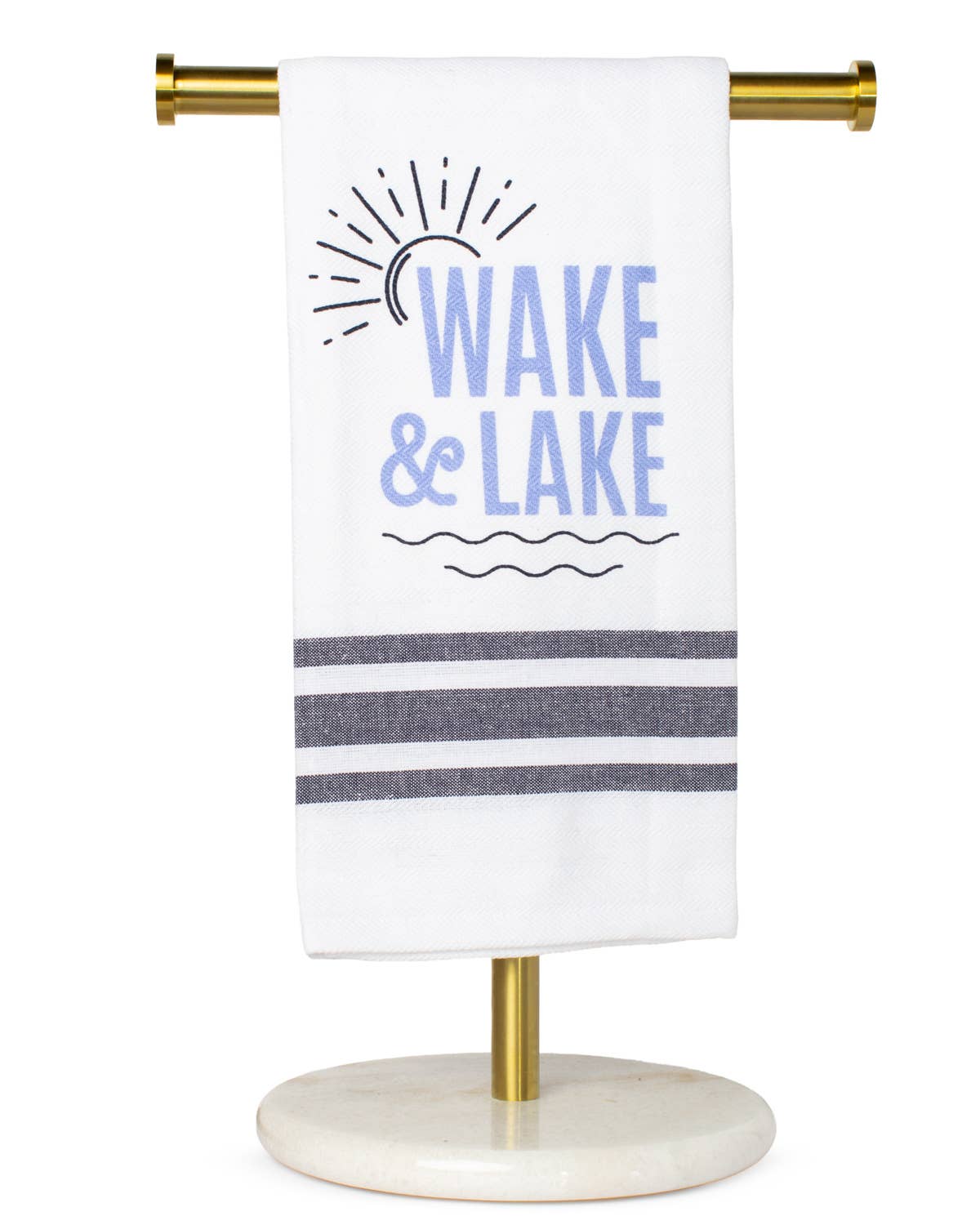 Kitchen tea Towel white with blue 'Wake & Lake' text