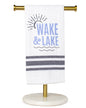 Kitchen tea Towel white with blue 'Wake & Lake' text