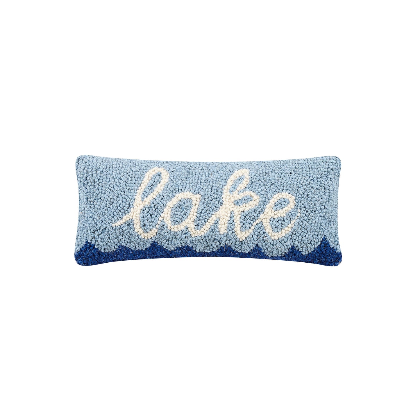 Decorative pillow with 'lake' text on a light blue background