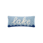 Decorative pillow with 'lake' text on a light blue background