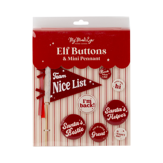 Packaging of Elf Buttons & Mini Pennant with red and white design