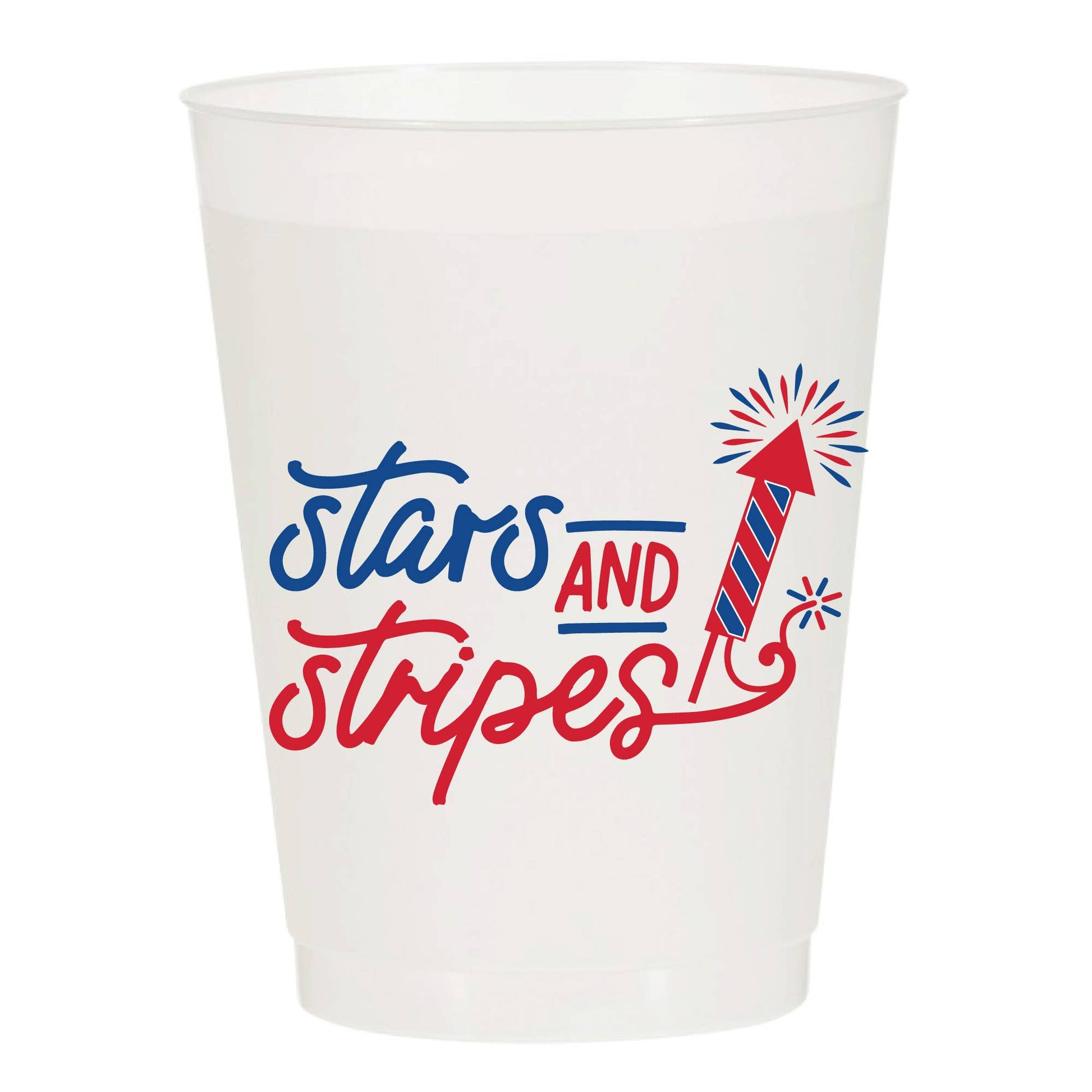 frosted party cup with 'stars and stripes' text and a red and blue design