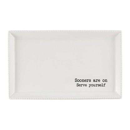 White rectangular university of oklahoma sooner serving platter with black text on a white background