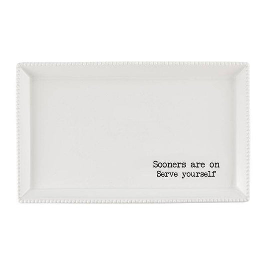 White rectangular university of oklahoma sooner serving platter with black text on a white background