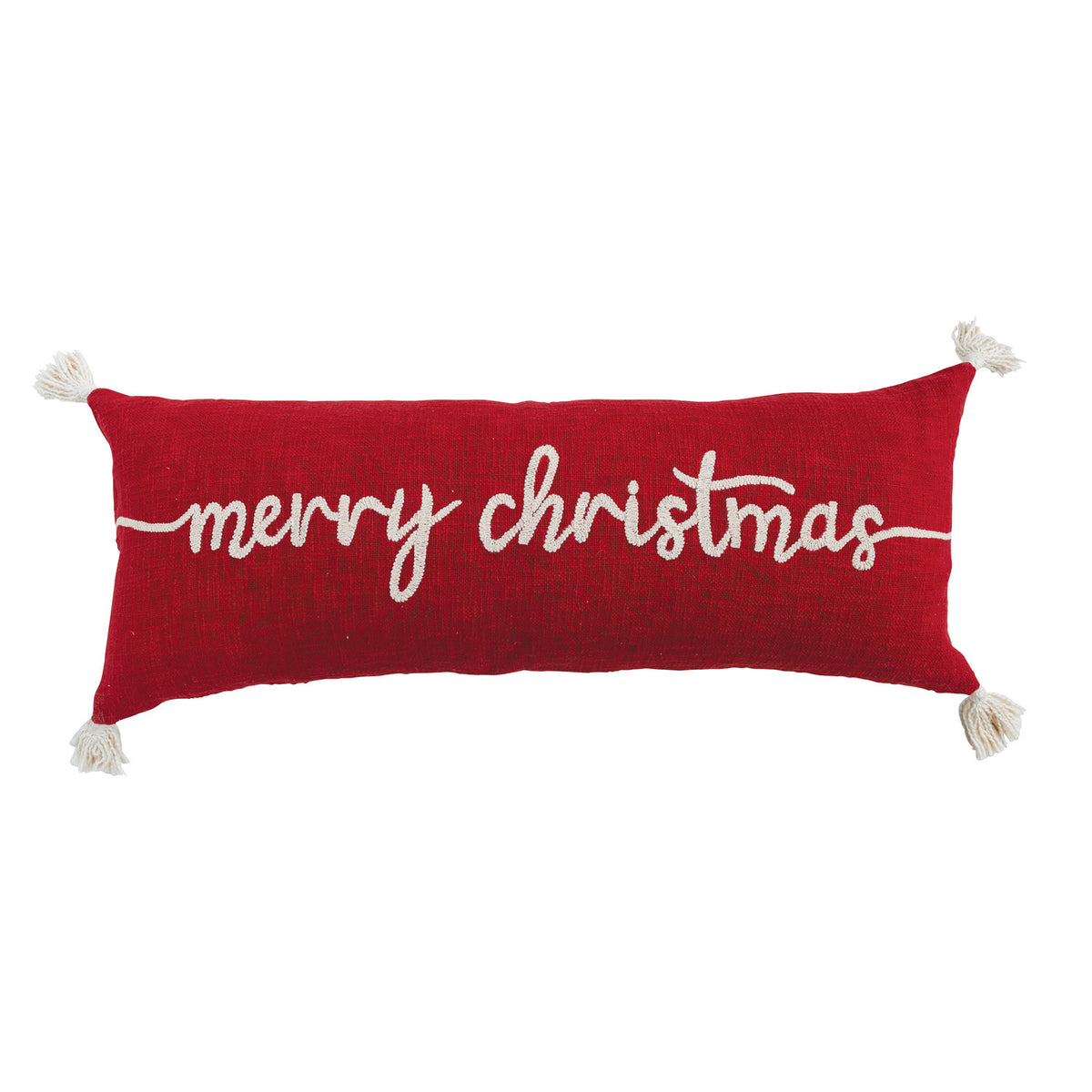 Embroidered Merry Christmas Cotton Lumbar Pillow with Tassels