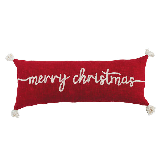 Embroidered Merry Christmas Cotton Lumbar Pillow with Tassels