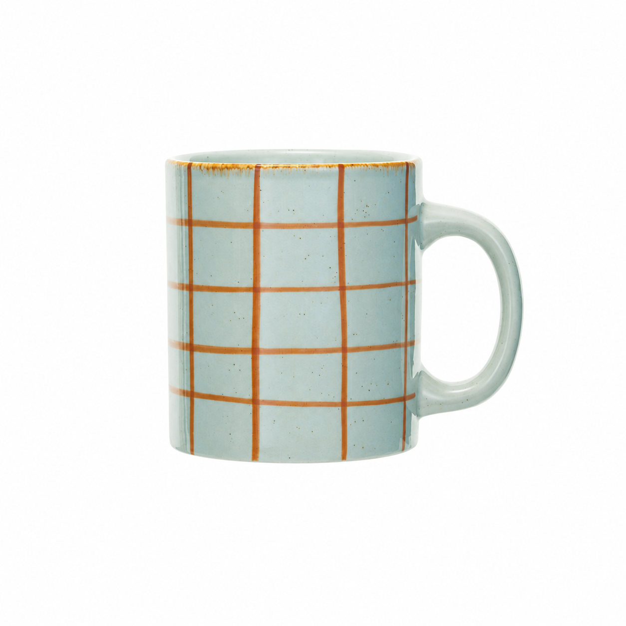 A ceramic mug with a light blue speckled glaze and a grid pattern of orange lines, featuring a matching light blue handle and rim.