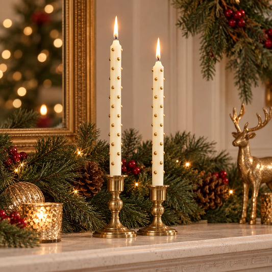 10" White Christmas Taper Candles with Gold 3D Dots, Set of 2