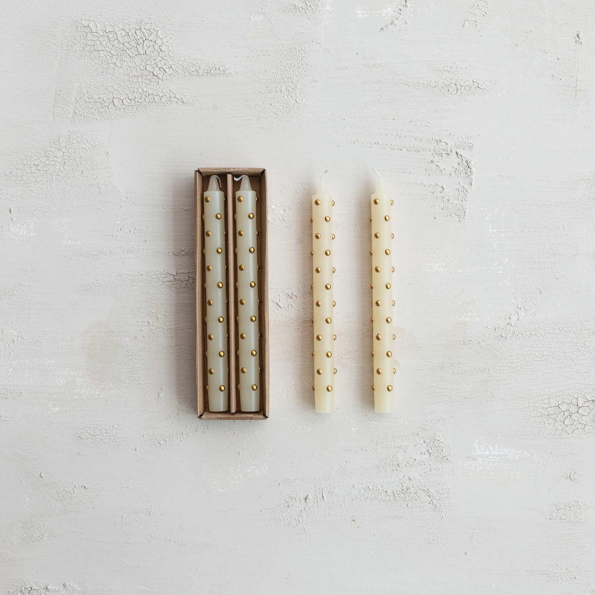10" White Christmas Taper Candles with Gold 3D Dots, Set of 2