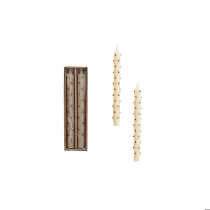10" White Christmas Taper Candles with Gold 3D Dots, Set of 2